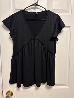 Black V-Neck Flutter Sleeve Women's Top